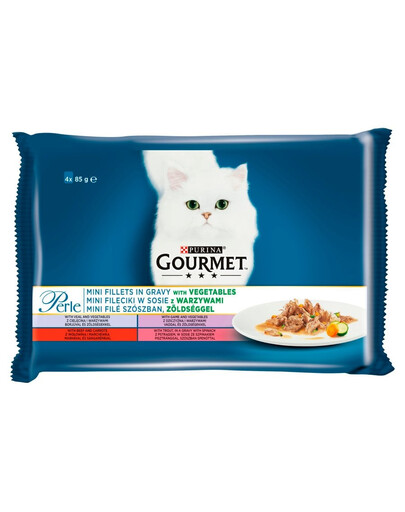 Perle Mini Fileciki w sosie z warzywami (cielęcina, wołowina, dziczyzna, pstrąg) 4x85g mokra karma dla kotów