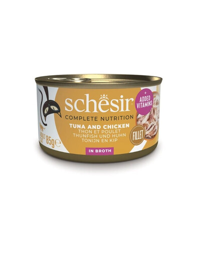 SCHESIR Tuniak s kuracím mäsom a ryžou vo vývare pre mačky 85 g