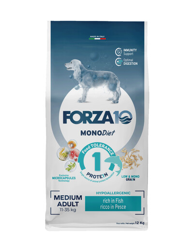 FORZA10 Medium Diet s rybami hypoalergénne krmivo pre dospelé psy stredných plemien 12 kg