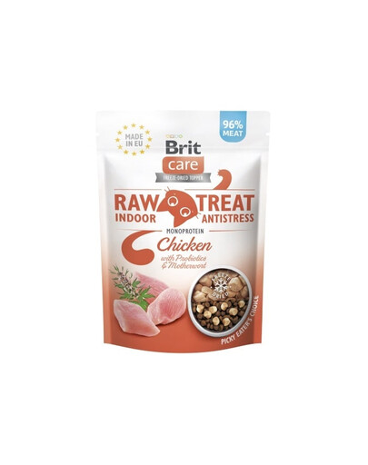 BRIT Care Raw Treat Freeze Dried Indoor Antistress 40 g mrazom sušená kuracia maškrta s probiotikami pre mačky