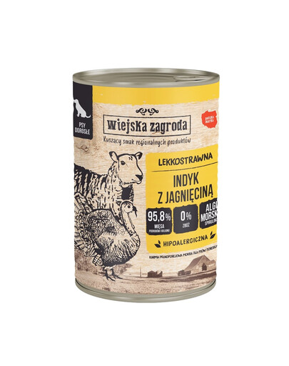 WIEJSKA ZAGRODA Mokré krmivo pre psov s morčacím mäsom a jahňacím mäsom 400 g