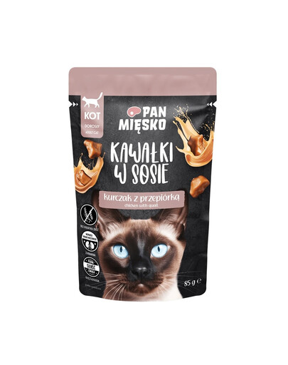 PAN MIĘSKO Kúsky v omáčke s kuracím mäsom a prepelicou mokré krmivo pre mačky 85 g