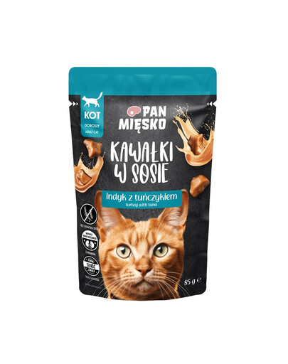 PAN MIĘSKO Kúsky v omáčke Morčacie s tuniakom mokrá strava pre mačky 85 g