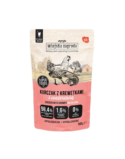 WIEJSKA ZAGRODA Superfoods Kurča s krevetkami a valeriánou mokrá strava pre mačky 100 g