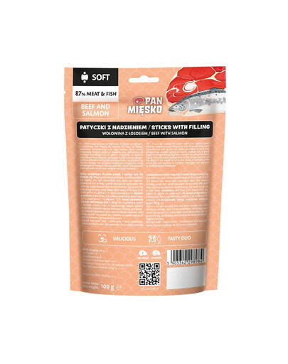 PAN MIĘSKO Tyčinky s náplňou Hovädzina a losos pochúťka pre psa 100 g