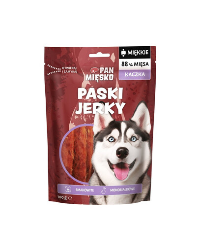 PAN MIĘSKO Maškrta pre psov Jerky Strips s kačacím mäsom 100 g
