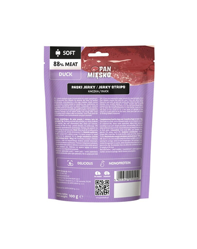 PAN MIĘSKO Maškrta pre psov Jerky Strips s kačacím mäsom 100 g