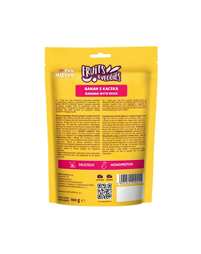 PAN MIĘSKO Ovocné a zeleninové banánové maškrty pre psov s kačicou 100g