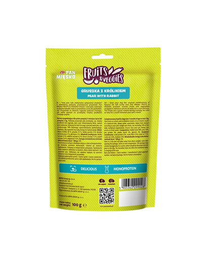 PAN MIĘSKO Fruits and Veggies Hruška s králikom maškrta pre psa 100 g