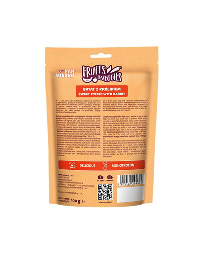 PAN MIĘSKO Fruits and Veggies Psí maškrta zo sladkých zemiakov s králikom a ovocím a zeleninou 100 g