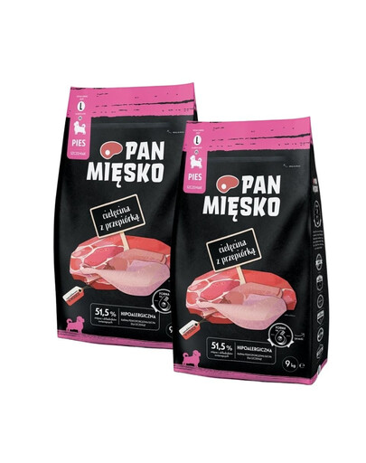PAN MIĘSKO Teľacina s prepelicou pre šteniatka chrumky L 2x9 kg