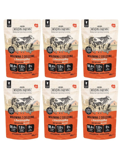 WIEJSKA ZAGRODA Superfoods Hovädzina s teľacinou a kozlíkom mokrá strava pre mačky 6x100 g