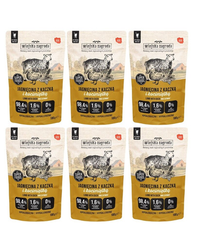 WIEJSKA ZAGRODA Superfoods Jahňacina s kačicou a kozlíkom mokrá strava pre mačky 6x100 g