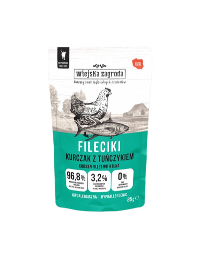 WIEJSKA ZAGRODA Mokré krmivo pre mačky s kuracím mäsom a tuniakovými filetmi 85 g