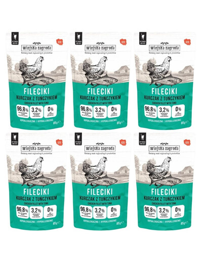WIEJSKA ZAGRODA mokré krmivo pre mačky s kuracím mäsom a tuniakovými filetmi 6x85 g