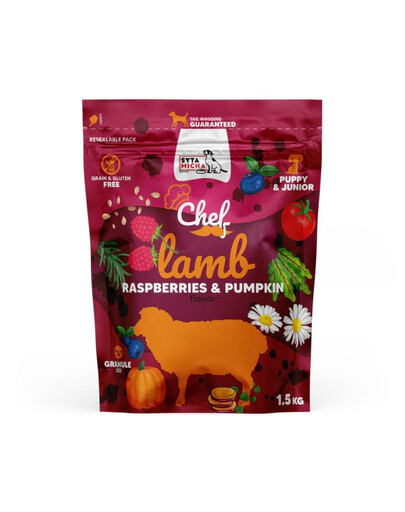 SYTA MICHA Chef Junior Jahňacina, malina a tekvica 1,5 kg suché krmivo pre šteniatka