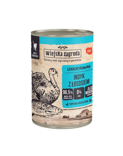 WIEJSKA ZAGRODA Mokré krmivo pre mačky s morčacím mäsom a lososom 400 g