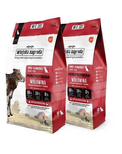 WIEJSKA ZAGRODA Monoproteínové hovädzie chipsy pre psov M/L 2x6 kg