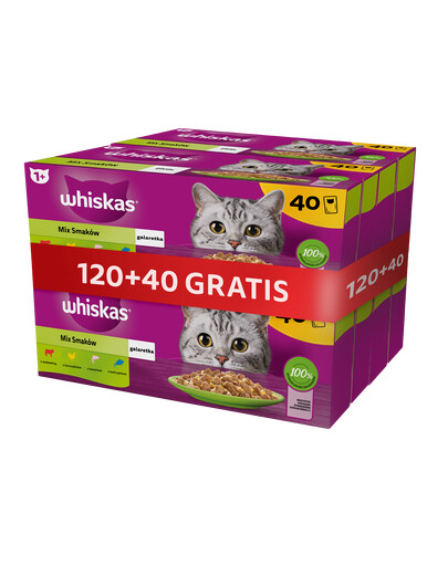 WHISKAS Adult 120x85g krmivo pre mačky s rybami a tradičnými príchuťami v želé (s kuracím mäsom, s lososom, s hovädzím mäsom, s tuniakom)