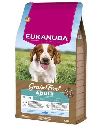 EUKANUBA Grain Free Adult Small Medium Ocean Fish 12 kg Krmivo s rybou pre dospelých psov malých a stredných plemien