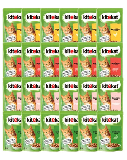 KITEKAT Mix príchutí v omáčke 24x85 g pre dospelé mačky s kuracím, hovädzím, lososom a králikom