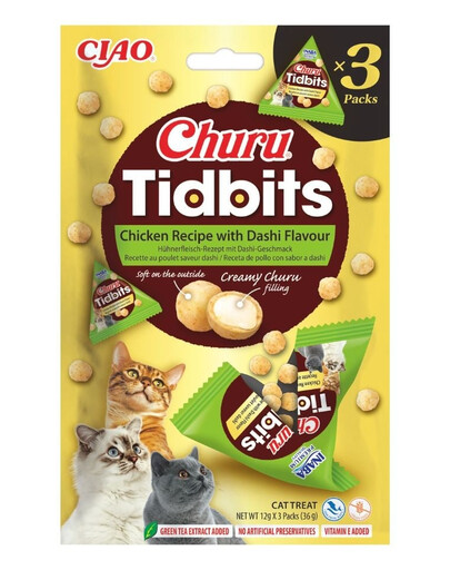 INABA Cat Churu Tidbits Chicken Recipe with Dashi Flavor 3x12g mäkké a krémové maškrty s kuracím mäsom s príchuťou dashi pre mačky