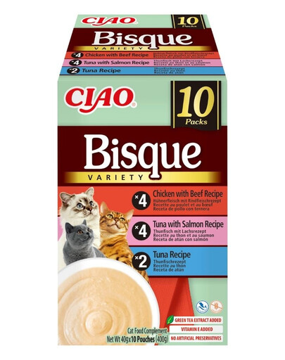INABA Cat Ciao Bisque Variety 10x40g mix polievok s tuniakom, hovädzím a kuracím mäsom pre mačky