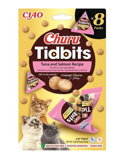 INABA Cat Churu Tidbits Tuna and Salmon Recipe 8x12g mäkké a krémové maškrty s tuniakom a lososom pre mačky