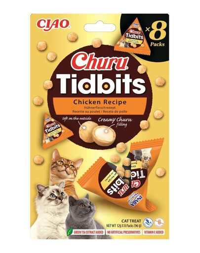 INABA Cat Churu Tidbits Chicken Recipe 8x12g mäkké a krémové maškrty s kuracím mäsom a lososom pre mačky