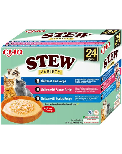 INABA Cat Ciao Stew Creamy Variety 24x40g mix maškŕt z kuracím, rybím a mušľovým mäsom v krémovej omáčke
