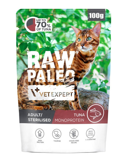 RAW PALEO Monoprotein Adult Sterilised Cat Tuna 100 g pre mačky dospelé a sterilizované s tuniakom