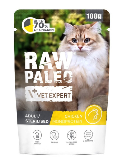 RAW PALEO Monoprotein Adult Sterilised Chicken 100 g pre dospelé a sterilizované mačky s kuracím mäsom