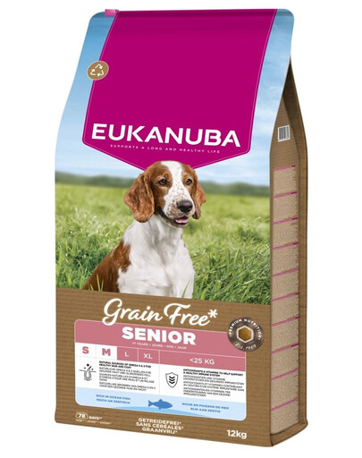 EUKANUBA Grain Free Senior Small Medium Ocean Fish 12 kg Krmivo s rybou pre starších psov malých a stredných plemien