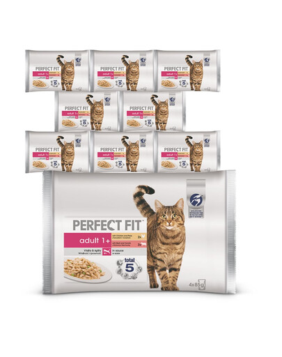 PERFECT FIT Adult 36x85g vrecko – krmivo pre mačky v omáčke (s kuracím mäsom a hráškom, s hovädzím mäsom a mrkvou)