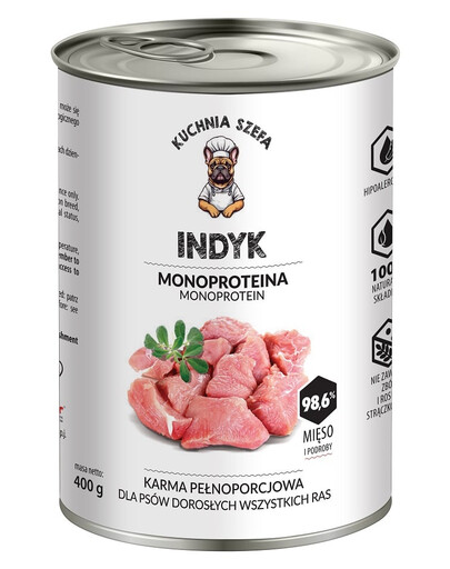 KUCHNIA SZEFA Monoproteínové krmivo s morčacím mäsom pre psov všetkých plemien 400 g