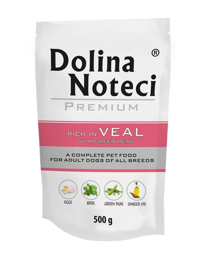 DOLINA NOTECI Premium Bohatá na teľacine so zeleným hráškom pre psov 500 g