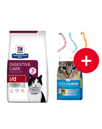 HILL'S Prescription Diet Feline Digestive Care i/d 8 kg krmivo pre mačky s ochoreniami tráviaceho systému + podstielka a hračka ZADARMO