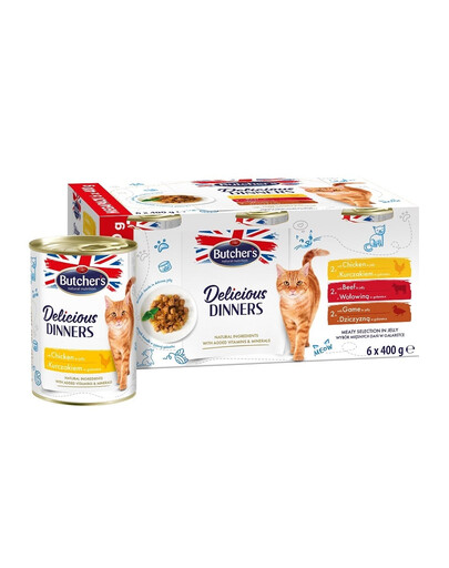 Delicious Dinners Cat Meaty selection v želé 6x400g kúskov v želé s kuracím, hovädzím a divým mäsom pre mačky