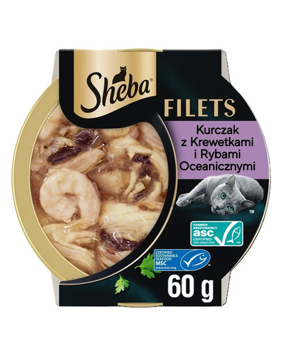 SHEBA Filety s kuracím mäsom, morskými rybami a krevetami v omáčke 60 g mokré krmivo pre mačky