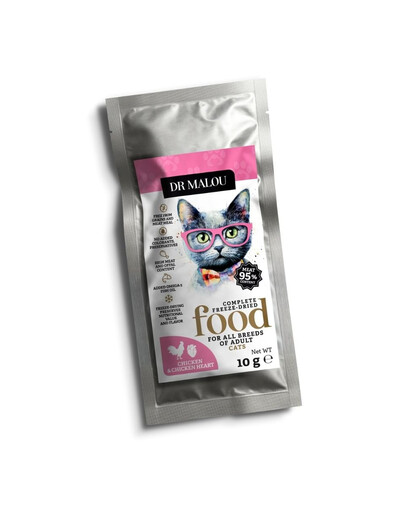 DR MALOU Lyofilizované Kurča s kuracími srdcami 10 g suché krmivo pre mačky