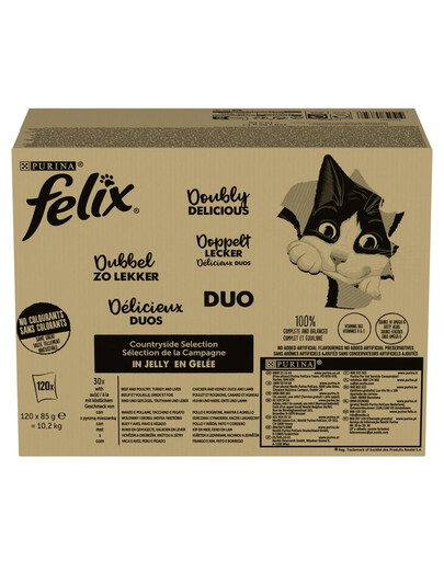 FELIX Fantastic DUO Mix Country Flavors v želé 120x85g hovädzie a hydinové, morčacie a pečeňové, kuracie a obličkové, kačacie a jahňacie, mokré krmivo pre mačky