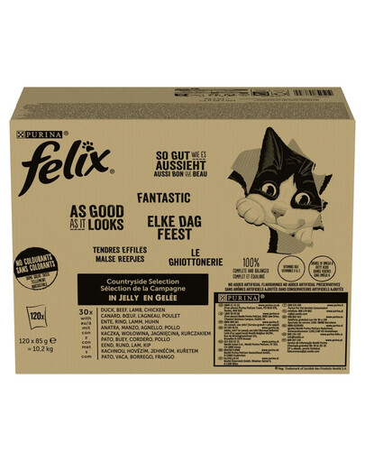 FELIX Fantastic Vidiecke Chute v želé Mix mäsa 120x85g hovädzina, kurča, kačica a jahňacina, mokrá strava pre mačky