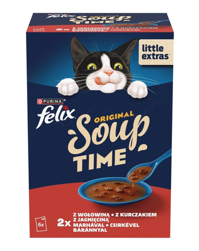 FELIX Original Soup Country Flavors 6x48g s hovädzím, kuracím a jahňacím mäsom, doplnkové mokré krmivo pre mačky