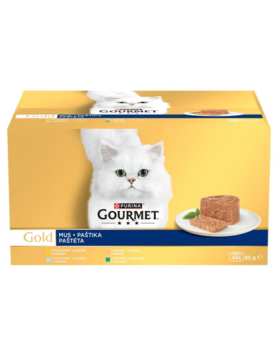 GOURMET Gold Mousse 48x85g s kuracím, tuniakovým, morčacím a králičím mäsom, mokré krmivo pre mačky