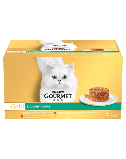 GOURMET Gold Savoury Cake 48x85 g s kuracím, hovädzím, jahňacím a morčacím mäsom, mokré krmivo pre mačky