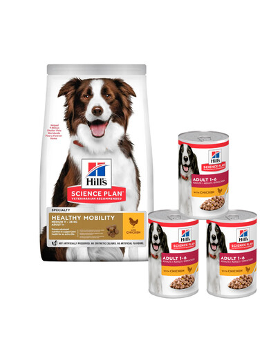 HILL'S Science Plan Canine Adult Healthy Mobility Medium Chicken 14 kg krmivo pre psov stredných plemien, podpora kuracích kĺbov + 3 konzervy ZADARMO