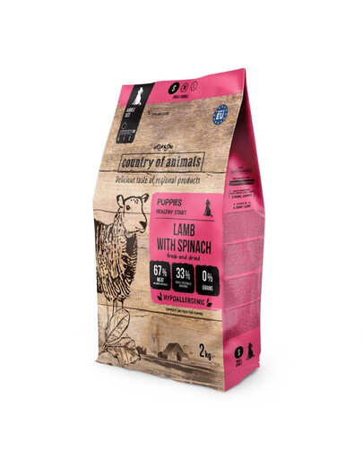 COUNTRY OF ANIMALS Puppies Lamb with Spinach S 2 kg jahňacina so špenátom, suché krmivo pre šteniatka