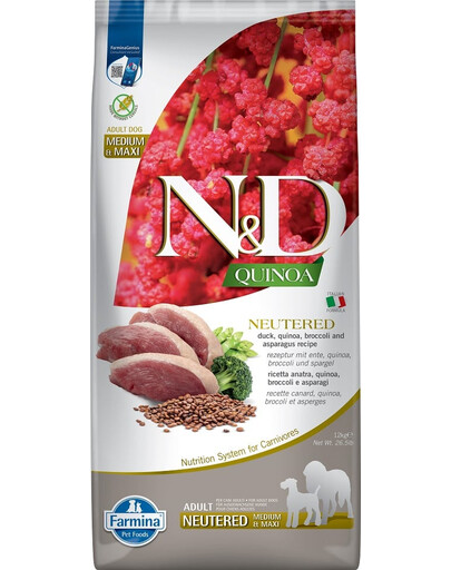 N&D Quinoa Dog Neutred Adult Medium & Maxi Granule pre psy po kastrácii kačica, brokolica a špargľa 12 kg