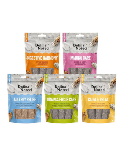 DOLINA NOTECI Smart Chews Mix 5 příchutí 5x100g podpora při snižování stresu, podpora kognitivních funkcí, podpora trávení, podpora při potravinových alergiích, podpora imunity, suché pamlsky pro psy
