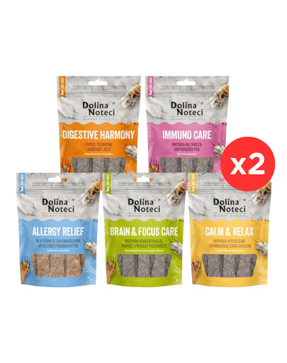 DOLINA NOTECI Smart Chews Mix 5 příchutí 10x100g podpora při snižování stresu, podpora kognitivních funkcí, podpora trávení, podpora při potravinových alergiích, podpora imunity, suché pamlsky pro psy